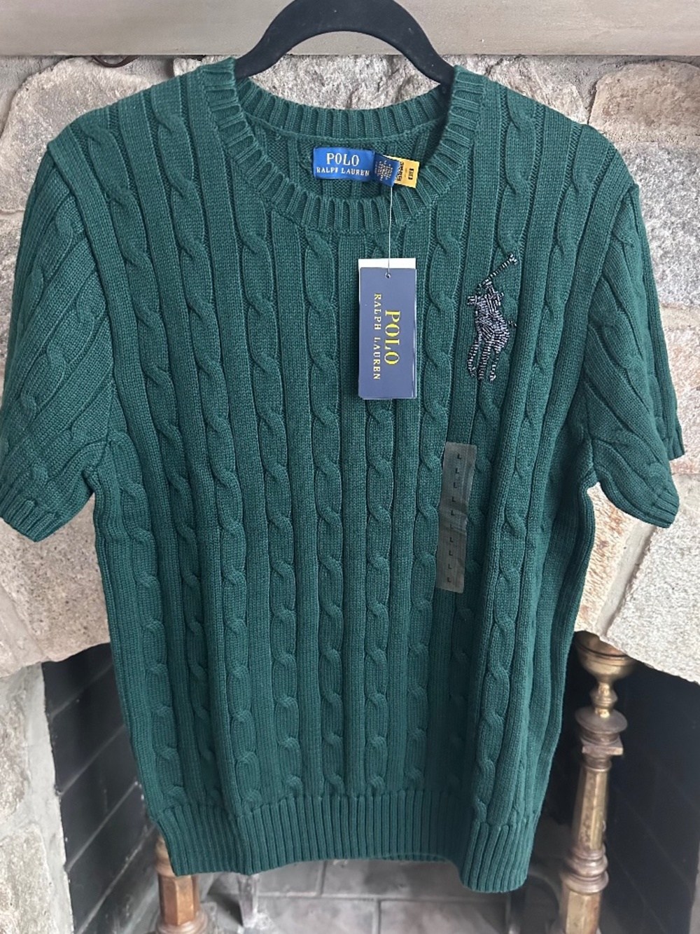 Polo Ralph Lauren Cable Knit Sweater Womens L Green Beaded Pony Short Sleeve NWT